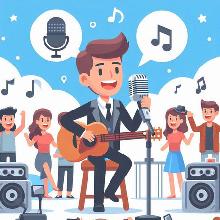 Musical performance flat vector illustration. Cartoon man singing in microphone, singing, playing guitar, singing with people characters on background. Music conceptのイラスト素材