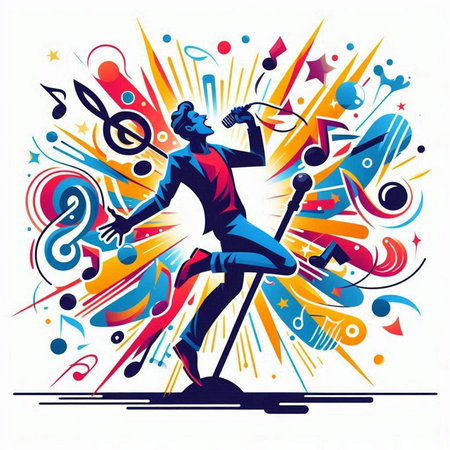 Vector illustration of a man with microphone and musical notes on abstract backgroundのイラスト素材