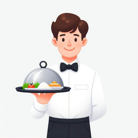 Waiter holding a tray with food. Vector illustration in cartoon style.のイラスト素材