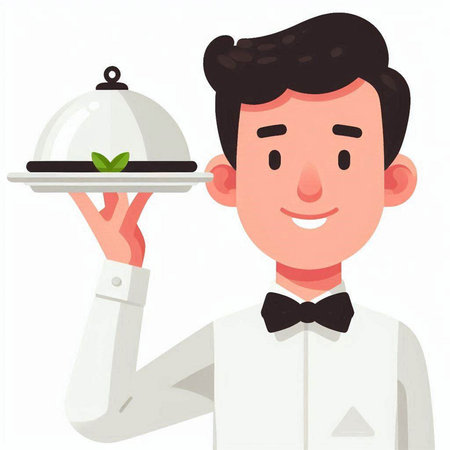 Illustration of a waiter holding a tray with a bowl of foodのイラスト素材
