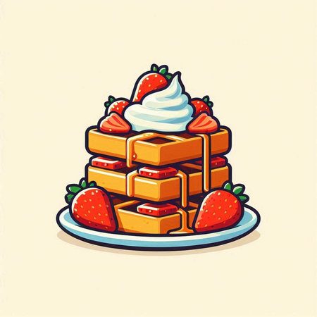 Belgian waffles with whipped cream and strawberries. Vector illustration.のイラスト素材