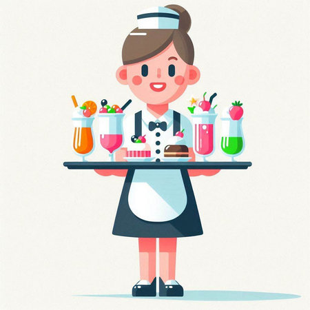 Waitress holding a tray with a variety of drinks. Vector illustration.のイラスト素材
