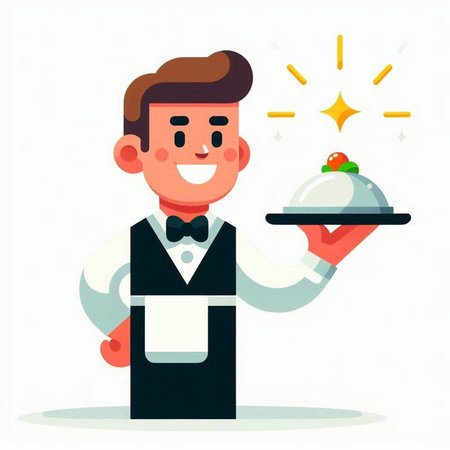 Waiter holding tray with delicious cake. Vector illustration in cartoon styleのイラスト素材
