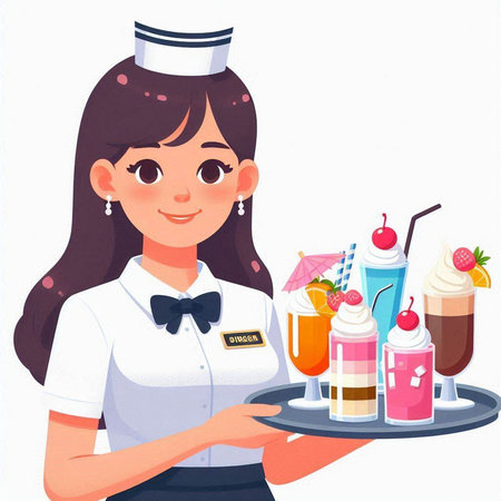 Beautiful waitress holding tray with different milkshakes. Vector illustration.のイラスト素材
