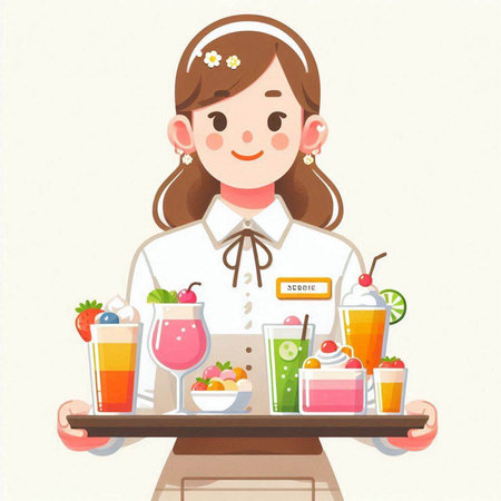 A waitress who serves a variety of smoothies. Vector illustration.のイラスト素材