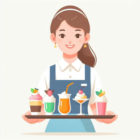 Woman waitress holding tray with different ice cream. Vector illustration in cartoon styleのイラスト素材