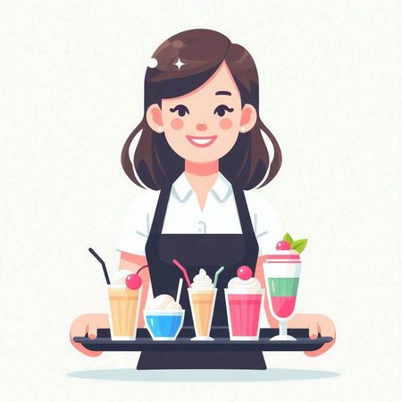 Girl barista with a tray of ice cream. Vector illustration.のイラスト素材