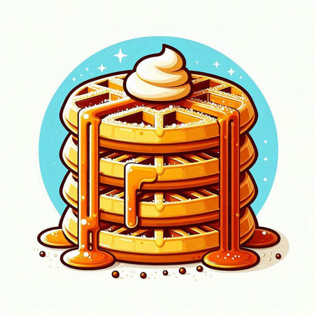 Illustration of a stack of pancakes with whipped cream and caramel.のイラスト素材