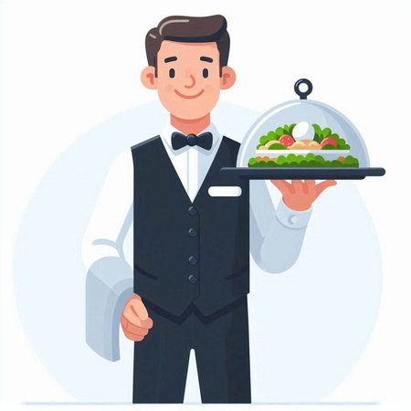 Waiter holding a tray of food. Vector illustration in cartoon styleのイラスト素材