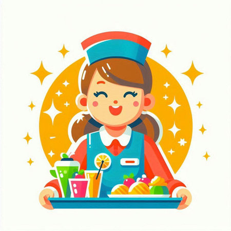 Cute little girl in uniform with a tray of food, vector illustrationのイラスト素材