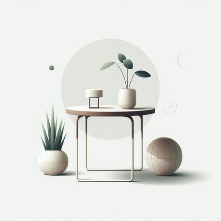 Illustration of modern interior with table, potted plant and geometric shapesのイラスト素材