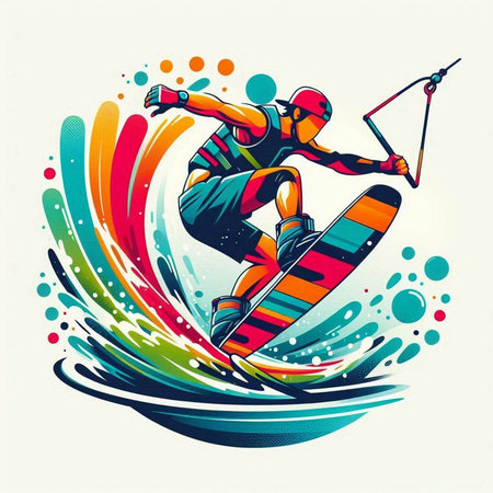 Extreme water sport - vector illustration of a man riding a wakeboardのイラスト素材