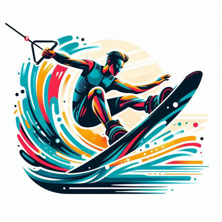 Vector illustration of a man skier on the background of colorful wavesのイラスト素材