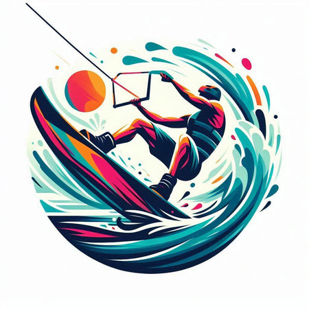 Vector illustration of a kitesurfer on the background of the waterのイラスト素材