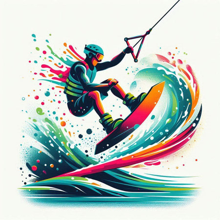 Water skiing illustration with colorful splashes and silhouette of a skierのイラスト素材