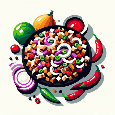 Illustration of a dish of minced meat with vegetables and spices.のイラスト素材