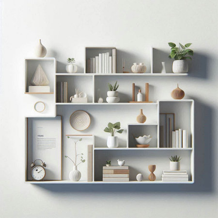 White bookshelf with books and decorations. 3d render.のイラスト素材