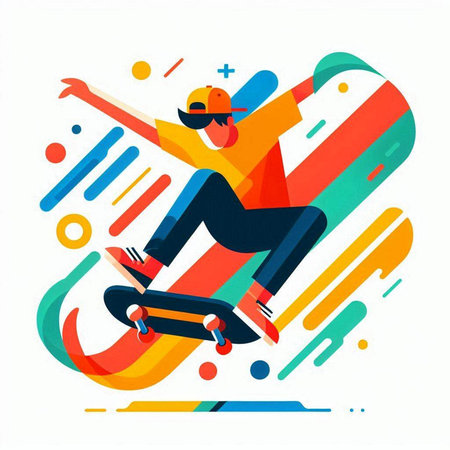 Skateboarder jumping on a colorful background. Vector illustration.のイラスト素材