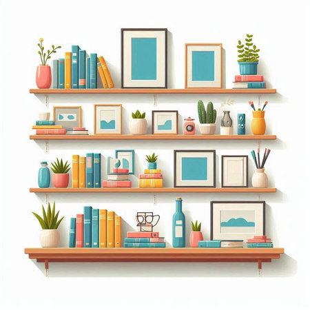 Shelves with books and decorations. Vector illustration in flat styleのイラスト素材