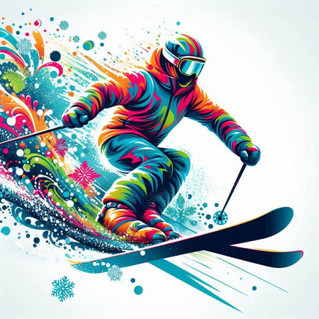 Vector illustration of a skier with snowflakes in the backgroundのイラスト素材