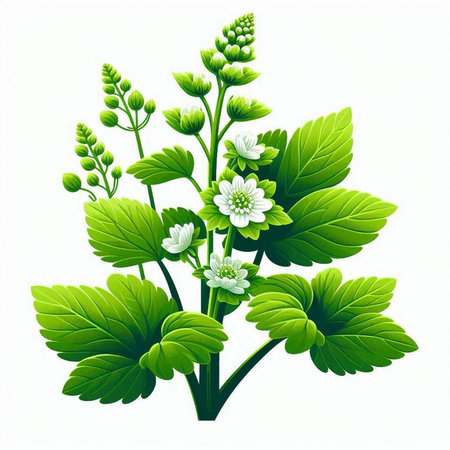 Green leaves and flowers on a white background. Vector illustration for your designのイラスト素材
