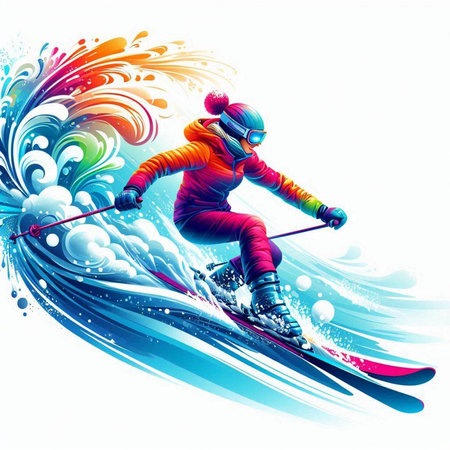 Vector illustration of a skier on a blue background with a wave.のイラスト素材