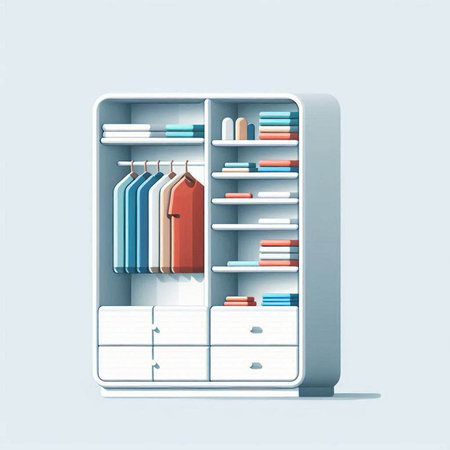 Illustration of a shelf with clothes on a light blue background.のイラスト素材