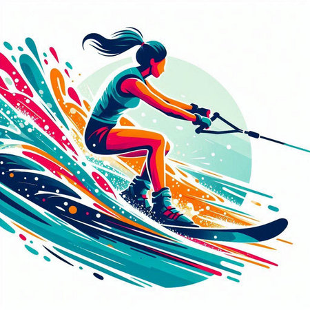Girl skier on a background of colored splashes. Vector illustrationのイラスト素材