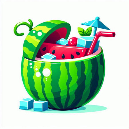 Watermelon with a straw and ice cubes. Vector cartoon illustration.のイラスト素材