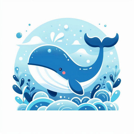 Cute cartoon whale in the sea. Vector illustration on white background.のイラスト素材
