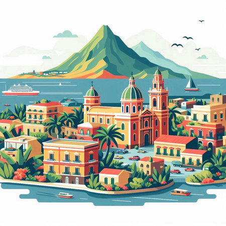 Vacation in the island of Santorini. Vector illustrationのイラスト素材