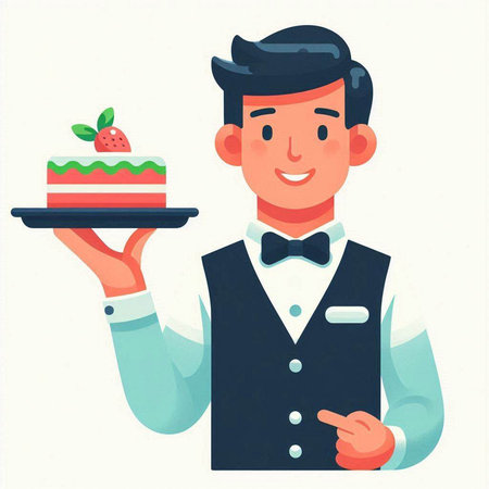 Young waiter holding a tray with a piece of cake. Vector flat illustrationのイラスト素材