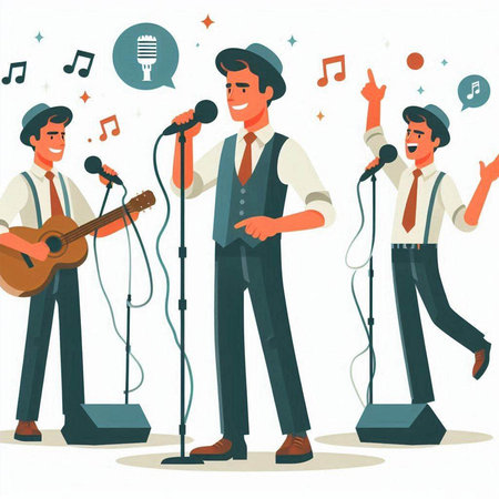 Cartoon men singing karaoke with microphone. Vector illustration in flat styleのイラスト素材