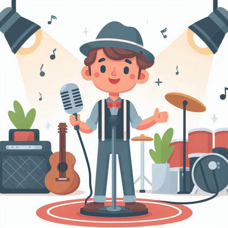 Vector illustration of a boy singing a song in a recording studio.のイラスト素材