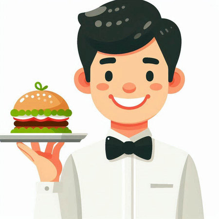 Illustration of a waiter holding a tray with a hamburger on itのイラスト素材