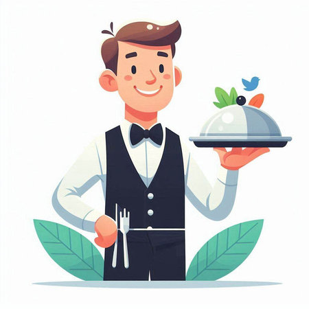 Waiter holding a tray with food. Vector illustration in cartoon styleのイラスト素材