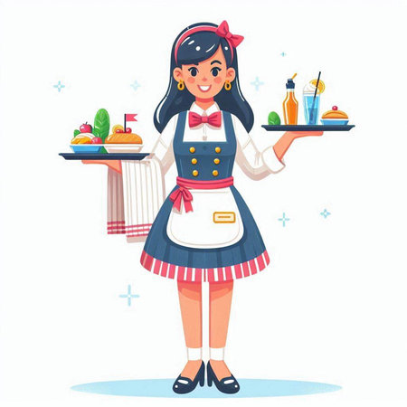 Young waitress holding tray with food. Vector illustration in cartoon style.のイラスト素材