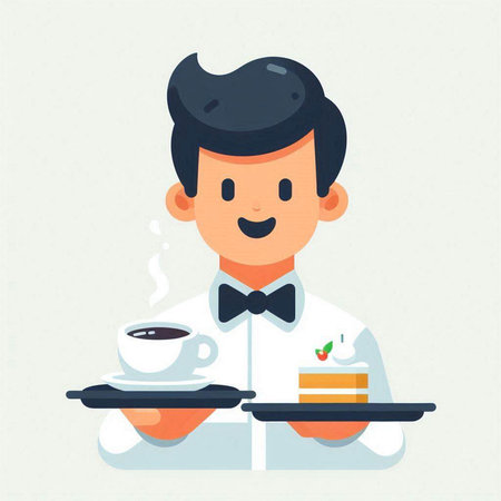Waiter serving coffee, cake and cake. Flat style vector illustration.のイラスト素材