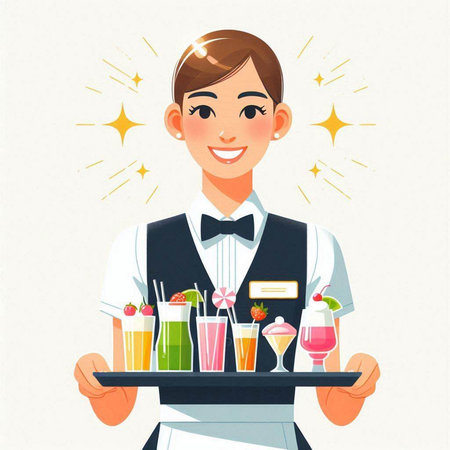 Young waitress holding tray with cocktails. Vector illustration in cartoon style.のイラスト素材