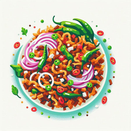 Illustration of a bowl of spicy Italian pasta with vegetables and tomato sauce.のイラスト素材