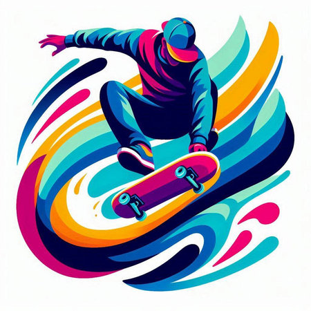 Vector illustration of a snowboarder jumping on a colorful background.のイラスト素材