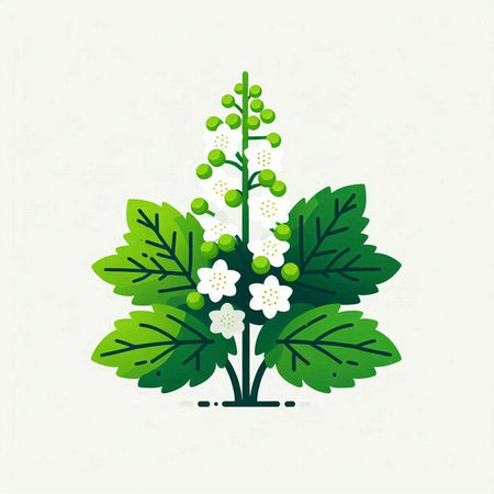 Green leaves and branches with flowers. Vector illustration in flat style.のイラスト素材