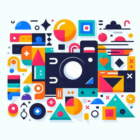 Retro photo camera and colorful geometric shapes on white background. Vector illustration.のイラスト素材