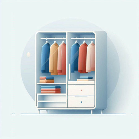 Wardrobe with clothes and accessories. Vector illustration in flat style.のイラスト素材