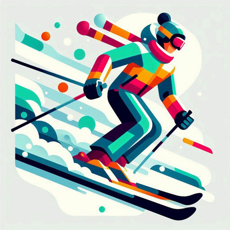 Vector illustration of skier skiing in flat style. Colorful abstract background.のイラスト素材