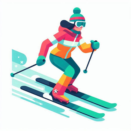 Vector illustration of skier in sportswear skiing down the slopeのイラスト素材