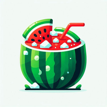 Watermelon with ice cubes and straw. Vector illustration in flat styleのイラスト素材