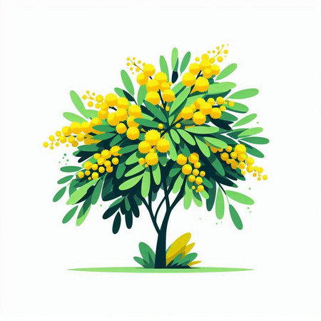 Bright yellow mimosa tree on a white background. Vector illustration.のイラスト素材