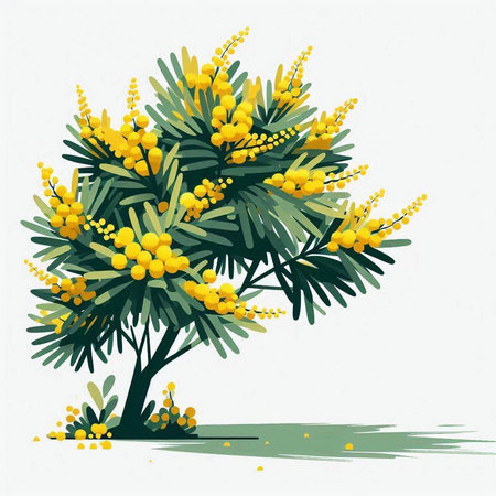 Mimosa tree with yellow flowers. Hand drawn vector illustration.のイラスト素材