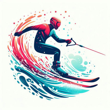 Vector illustration of skier jumping in the air with surfboard.のイラスト素材